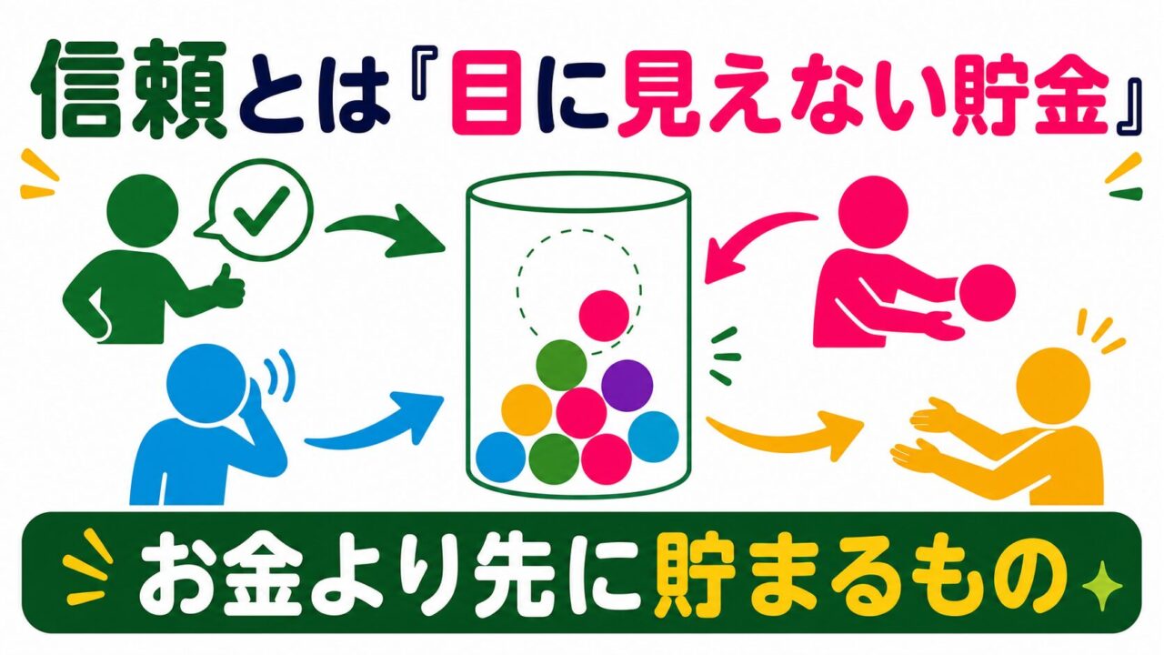 約束を守る、話を聞く、相手へ渡す顔なし人物の行動が中央の見えない残高へ積み上がり、信頼は目に見えない貯金