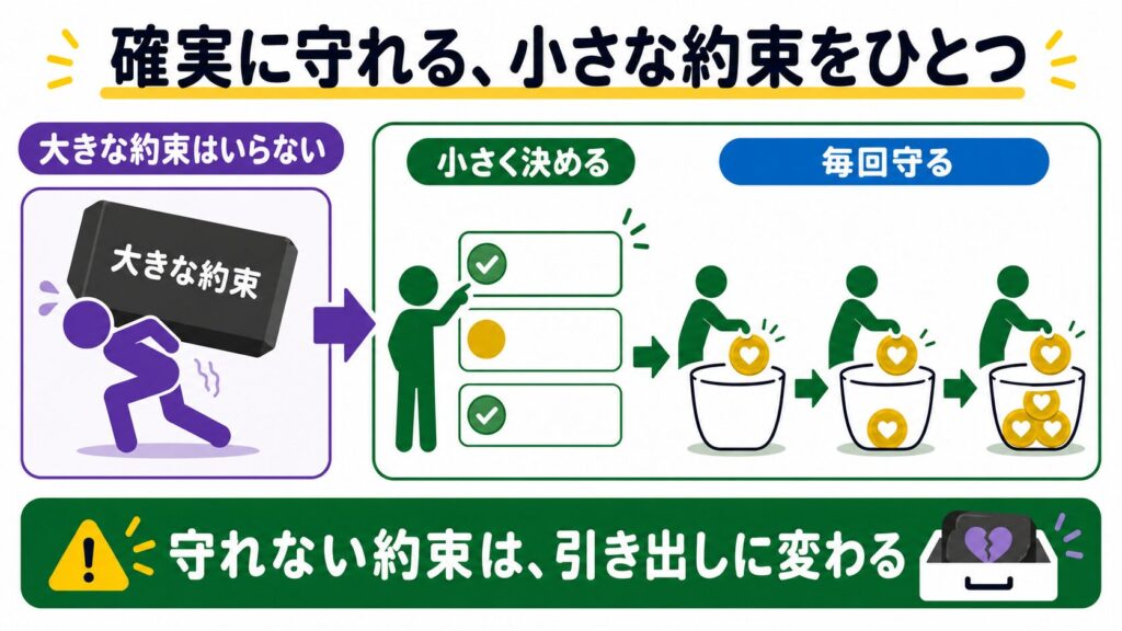 大きすぎる約束を避け、確実に守れる小さな約束を毎回実行して信頼を積み上げる流れを示す図解
