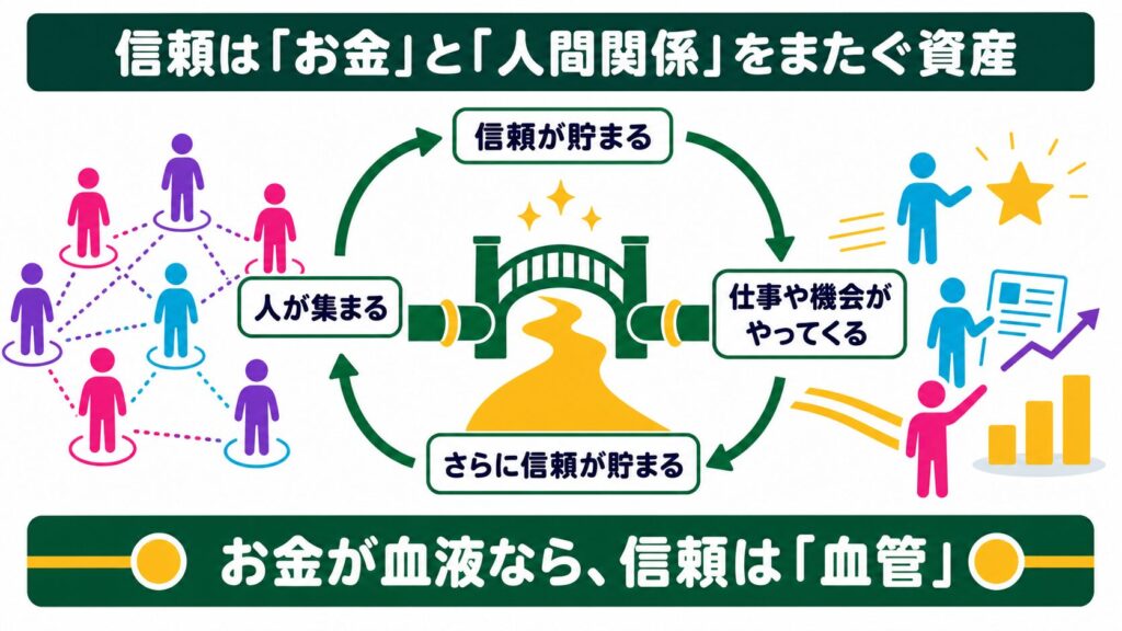 信頼、人間関係、仕事や機会が循環し、信頼がお金と人間関係をつなぐ通り道になるという記事の比喩を示す図解
