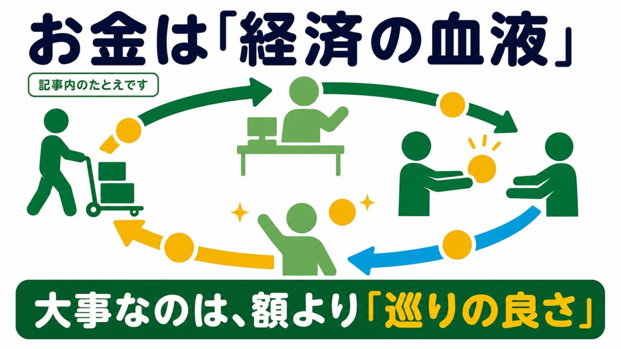 お金は経済の血液であることを示したアイキャッチ。溜め込むと詰まり、感謝とともに巡らせると回っていくという記事の要点を表している
