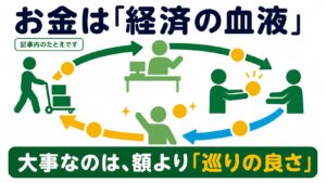 お金は経済の血液であることを示したアイキャッチ。溜め込むと詰まり、感謝とともに巡らせると回っていくという記事の要点を表している