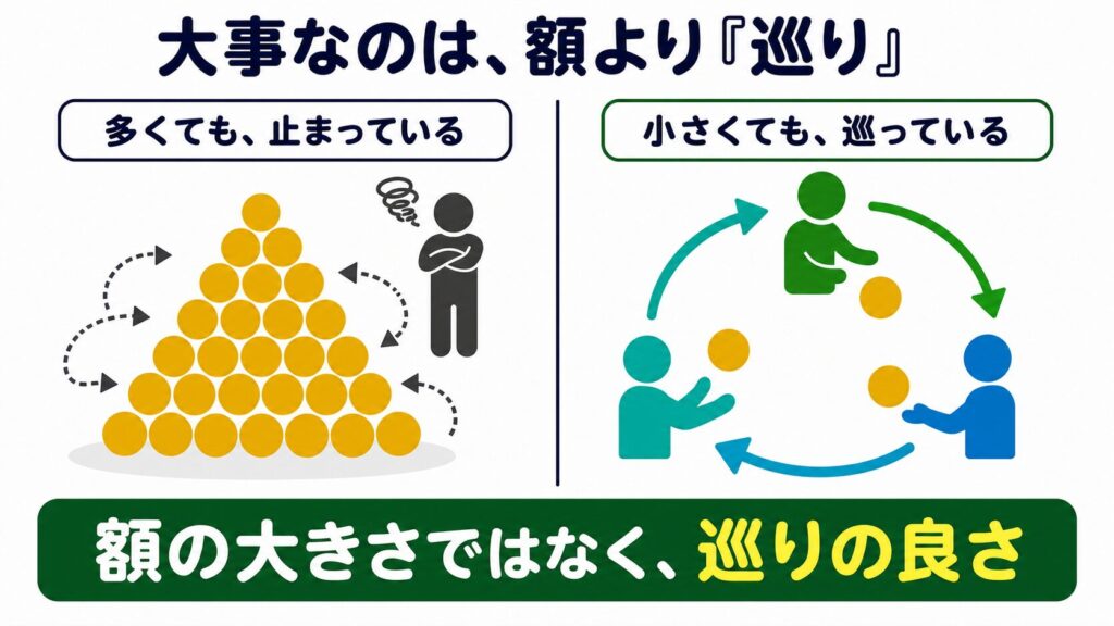 大きく貯めて止まった状態と小さくても巡っている状態を比較し、大切なのは額より巡りの良さである。