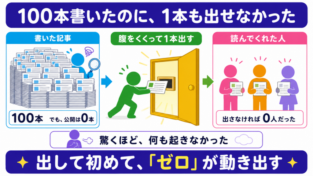 100本の記事を書いても公開は0本だった状態から、1本を世に出し、少人数の読者へ届くまでを示す図解