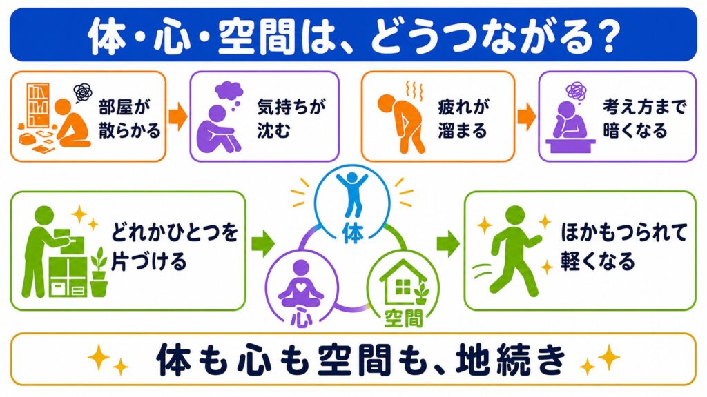 部屋の散らかりと気持ち、体の疲れと考え方が影響し合い、ひとつ片づけるとほかも軽くなる