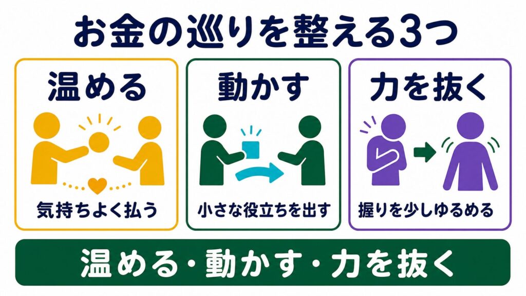 お金の巡りを整える方法として、温める、動かす、力を抜くの3つがある。