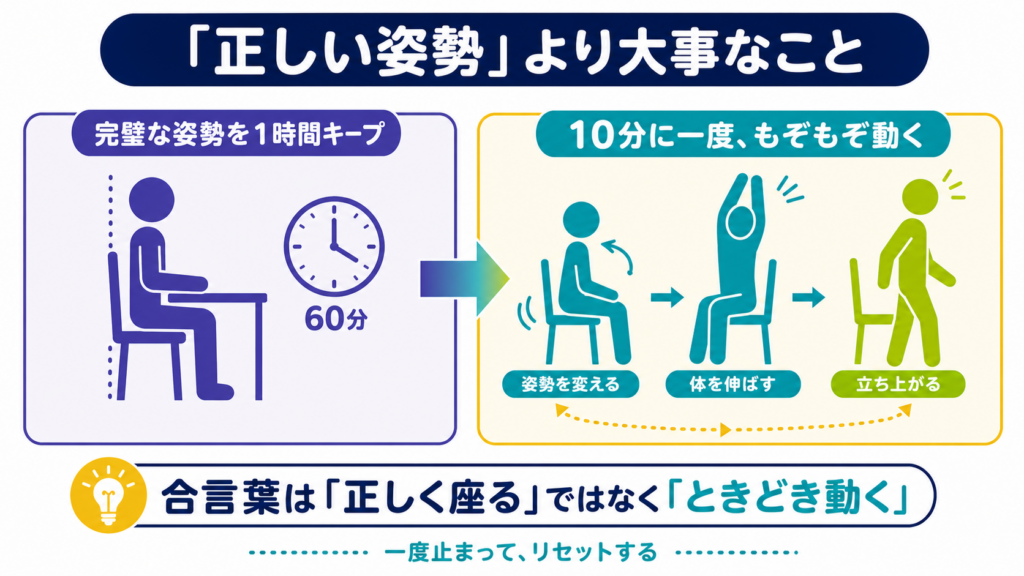 完璧な姿勢を長時間保つ人物と、座ったまま姿勢を変え、伸びをして立ち上がる人物を比較し、ときどき動くことを勧める図解