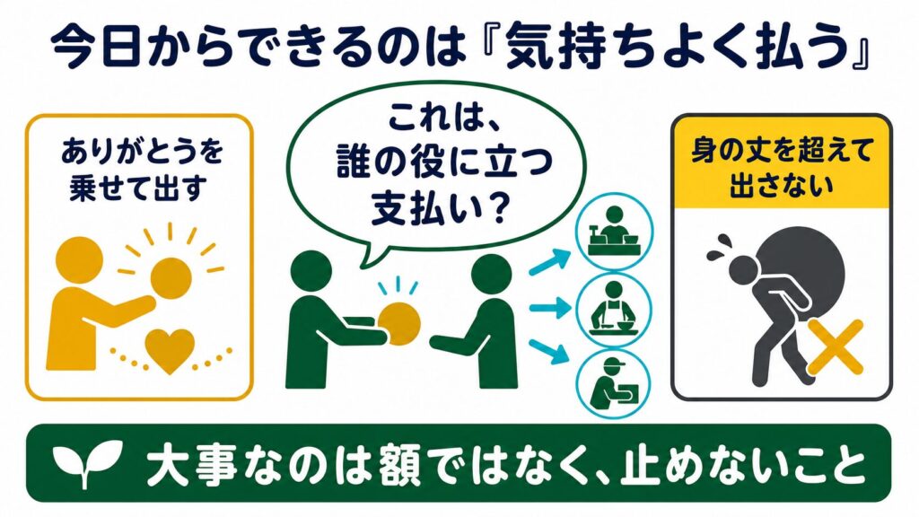 支払いが誰の役に立つかを考えて気持ちよく払うことと、身の丈を超えて出さない事に注意する