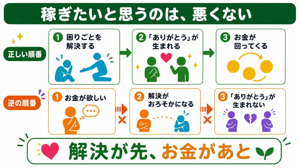 困りごとの解決、ありがとう、お金という正しい順番。お金を先にした逆の順番だと人生うまくいかない。