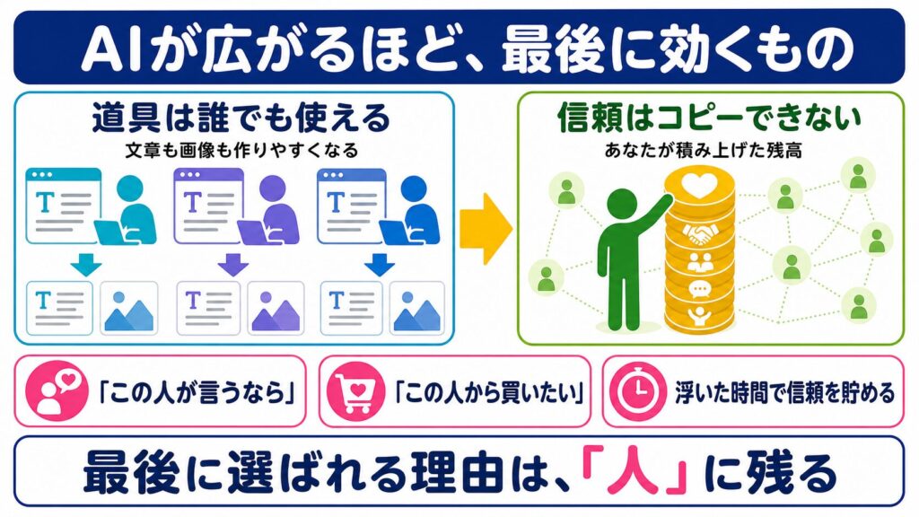 文章や画像を作る道具は誰でも使える一方、本人が積み上げた信頼はコピーできず、最後に人が選ばれることを示す図解