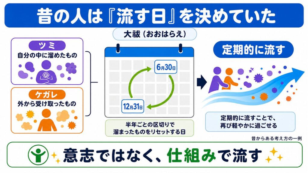 大祓の例として、ツミとケガレを6月30日と12月31日に定期的に流す仕組み