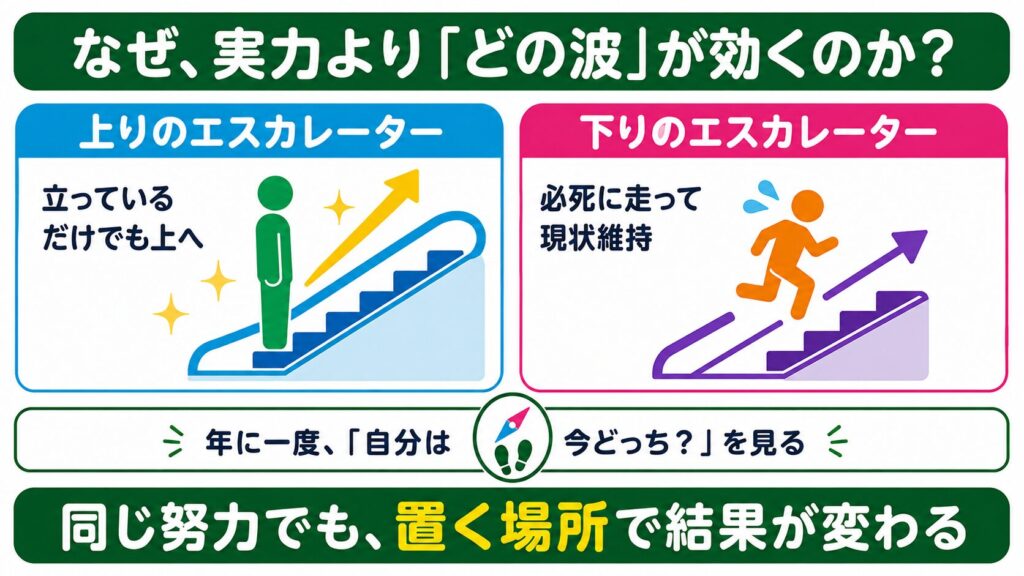 上りのエスカレーターに立つ人物と、下りのエスカレーターを必死に駆け上がる人物を比較し、同じ努力でも置く場所で結果が変わることを示す図解